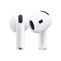 White wireless earbuds with sleek design, black mesh grilles, and 'R' marking for right ear