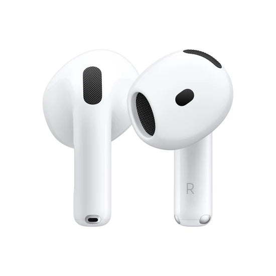 White wireless earbuds with sleek design, black mesh grilles, and 'R' marking for right ear