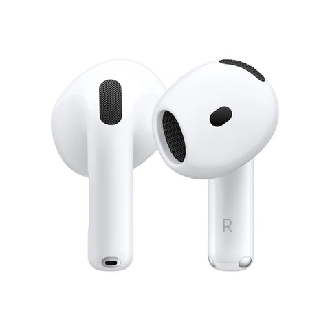 White wireless earbuds with sleek design, black mesh grilles, and 'R' marking for right ear