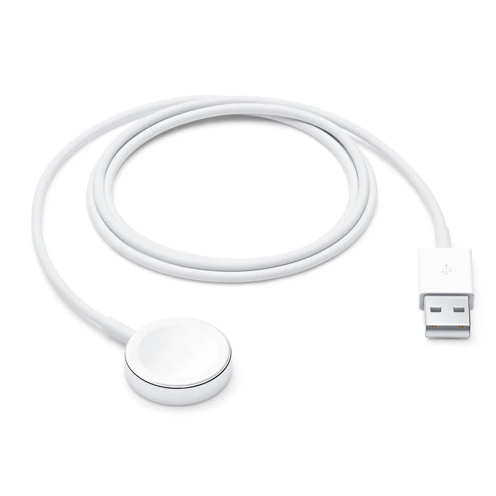 White Apple Watch magnetic charging cable with USB connector for fast charging