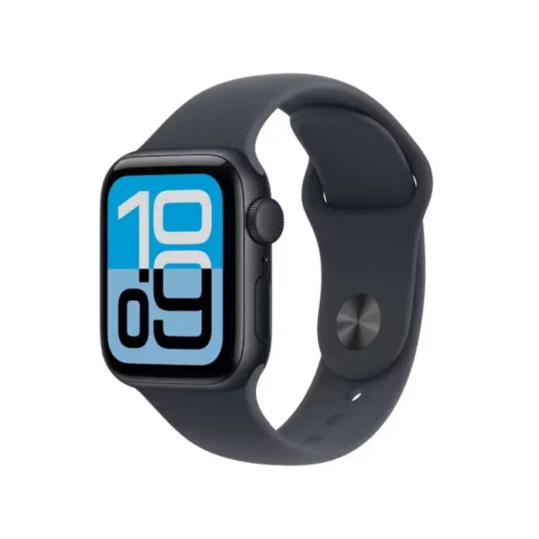 Smartwatch with blue digital display showing 10:09, black case and sport band
