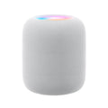 White smart speaker with colorful top light, mesh design, modern home audio device