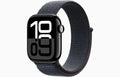 Smartwatch with black case, dark woven band, and bold digital time display on minimalist background