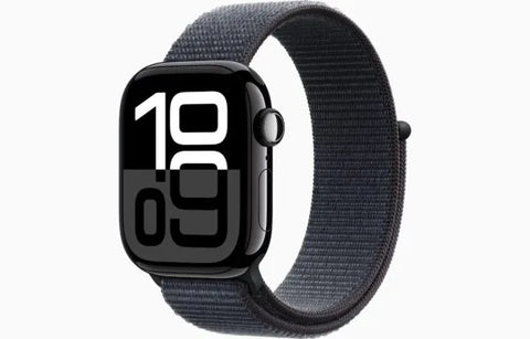 Smartwatch with black case, dark woven band, and bold digital time display on minimalist background