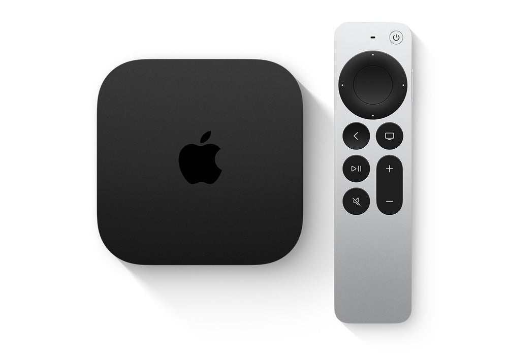 Apple TV streaming device with Siri Remote, sleek black box and silver controller for smart TV entertainment