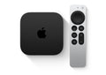 Apple TV streaming device with Siri Remote, sleek black box and silver controller for smart TV entertainment