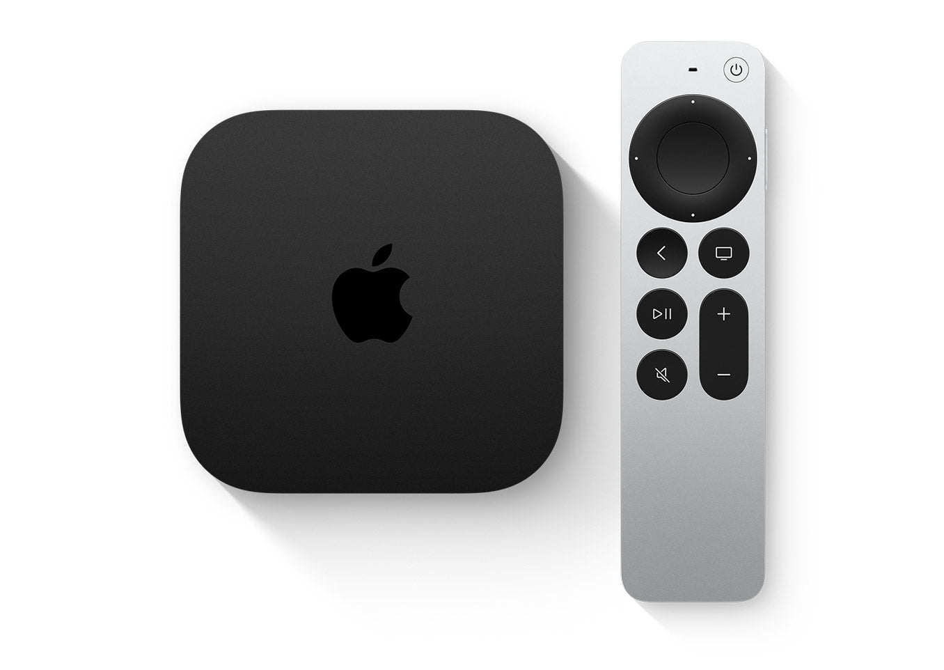 Apple TV streaming device with Siri Remote, sleek black box and silver controller for smart TV entertainment