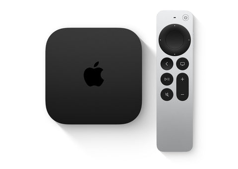 Apple TV streaming device with Siri Remote, sleek black box and silver controller for smart TV entertainment