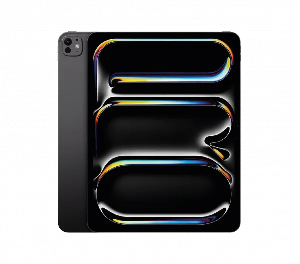 Black tablet with vibrant abstract wallpaper, sleek design, modern tech aesthetic