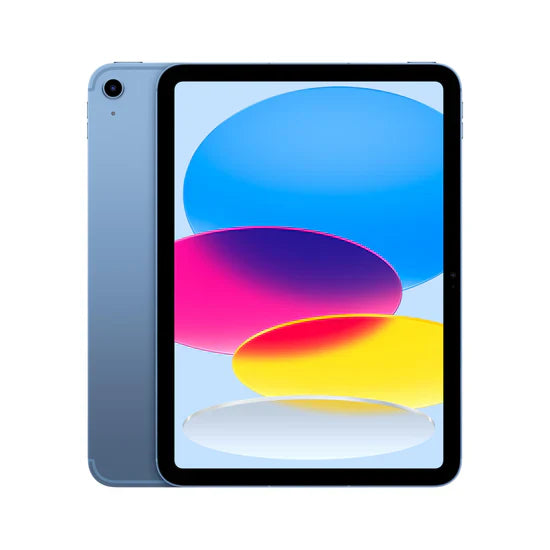 Blue tablet with colorful abstract wallpaper, sleek design, modern tech device