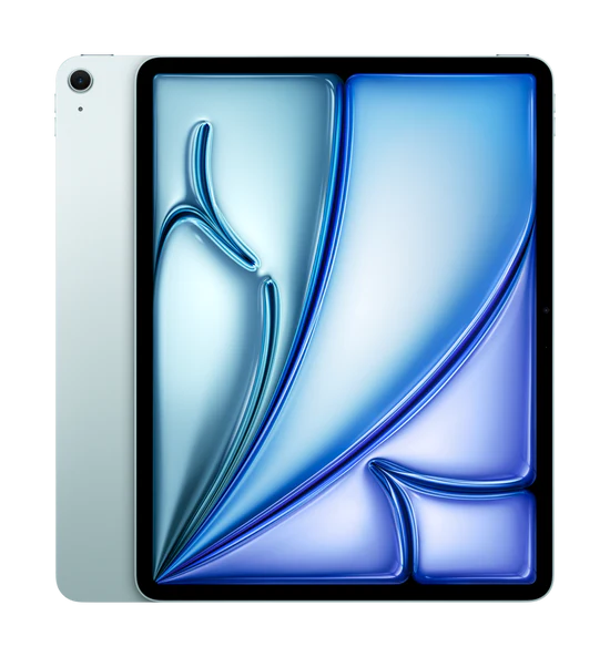 Sleek silver tablet with vibrant blue abstract wallpaper, slim bezels, and rear camera