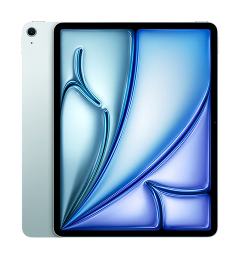 Sleek silver tablet with vibrant blue abstract wallpaper, slim bezels, and rear camera