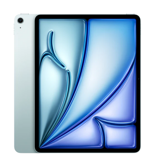 Sleek silver tablet with vibrant blue abstract wallpaper, slim bezels, and rear camera