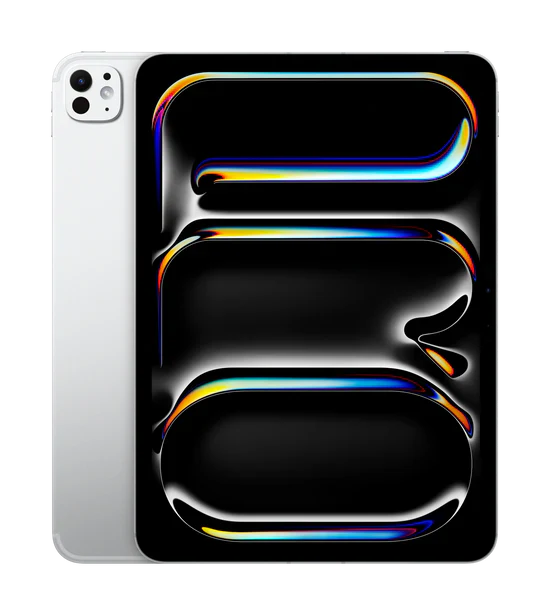 Silver iPad with vibrant abstract wallpaper, sleek design, modern tablet for productivity and entertainment