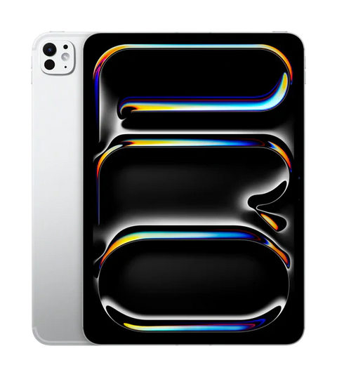 Silver iPad with vibrant abstract wallpaper, sleek design, modern tablet for productivity and entertainment