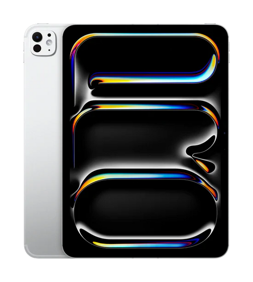 Silver iPad with vibrant abstract wallpaper, sleek design, modern tablet for productivity and entertainment