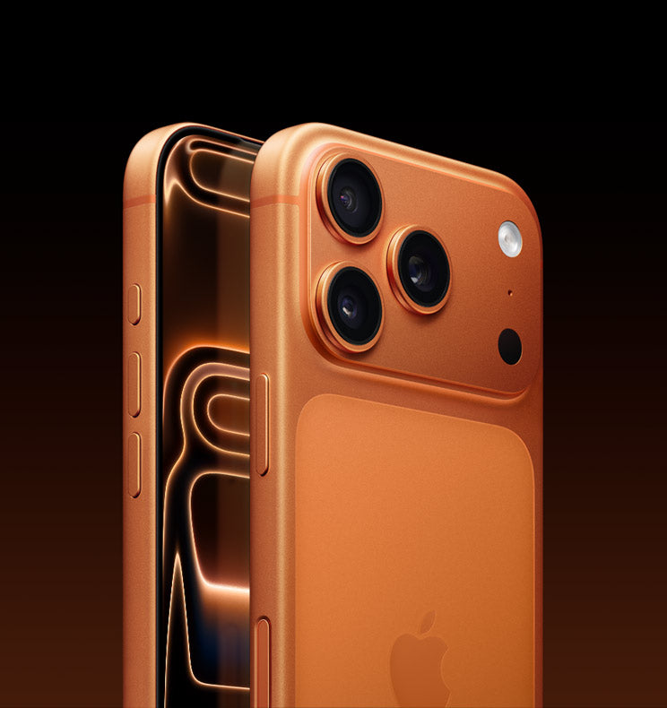 Orange iPhone with triple camera setup and sleek design on dark background