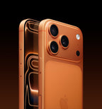 Orange iPhone with triple camera setup and sleek design on dark background