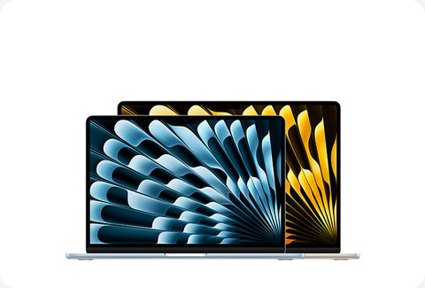 Two sleek laptops with vibrant blue and gold abstract wallpapers, showcasing modern design and display quality