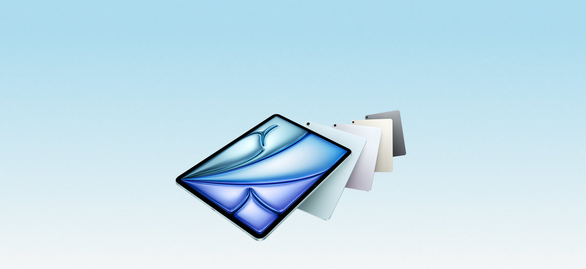 Sleek tablet with vibrant blue display, shown in multiple colors against a light blue gradient background.